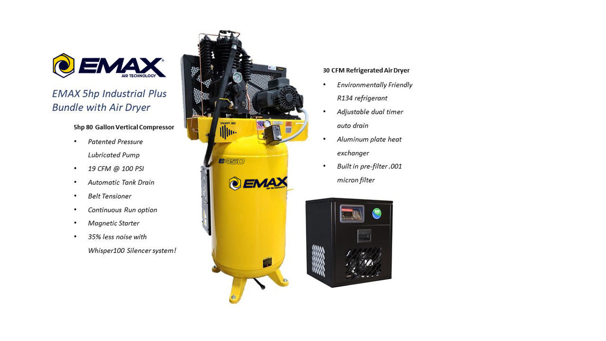 An overview of EMAX 5hp Industrial Plus Bundle with Air Dryer featuring 5hp 80 Gallon Vertical Compressor and 30 CFM Refrigerated Air Dryer with R134 refrigerant