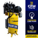 EMAX E450 Series 7.5 HP Air Compressor standing vertically, with 31 CFM @ 100 PSI, Pressure Lube Pump, and Silent Air System branding, plus warranty information