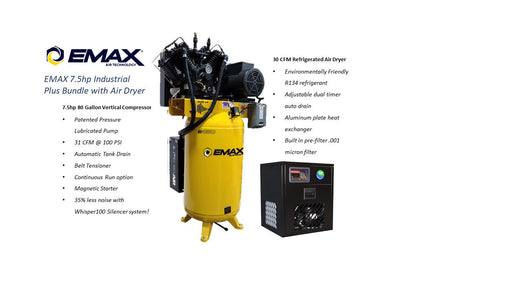 EMAX 7.5hp Industrial Plus Bundle featuring the E450 Series 7.5 HP Air Compressor with a 30 CFM Refrigerated Air Dryer, highlighted by its patented pressure lubricated pump and Silent Air System