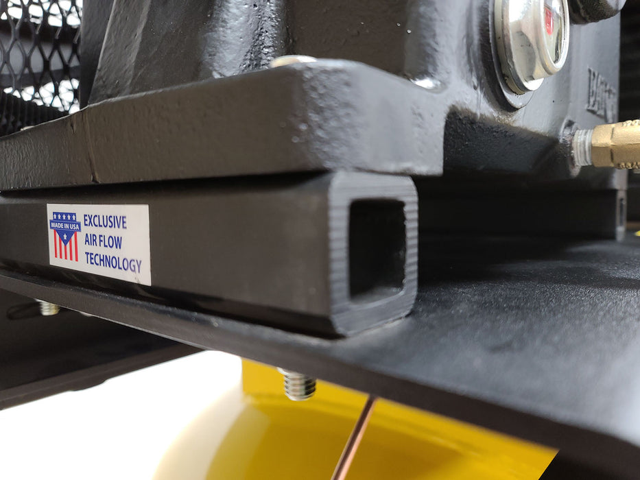 Close-up of the exclusive air flow technology badge on the EMAX E450 Series 7.5 HP Air Compressor, signifying its unique design and American manufacturing