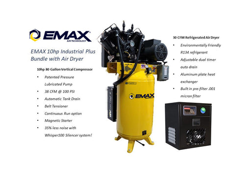 EMAX 10hp Industrial Plus Bundle showcasing a 10hp 80 Gallon Vertical Compressor with a 30 CFM Refrigerated Air Dryer, featuring a Silent Air System and environmentally friendly R134 refrigerant