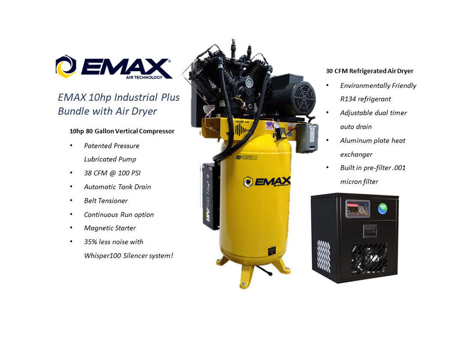 EMAX 10hp Industrial Plus Bundle showcasing a 10hp 80 Gallon Vertical Compressor with a 30 CFM Refrigerated Air Dryer, featuring a Silent Air System and environmentally friendly R134 refrigerant