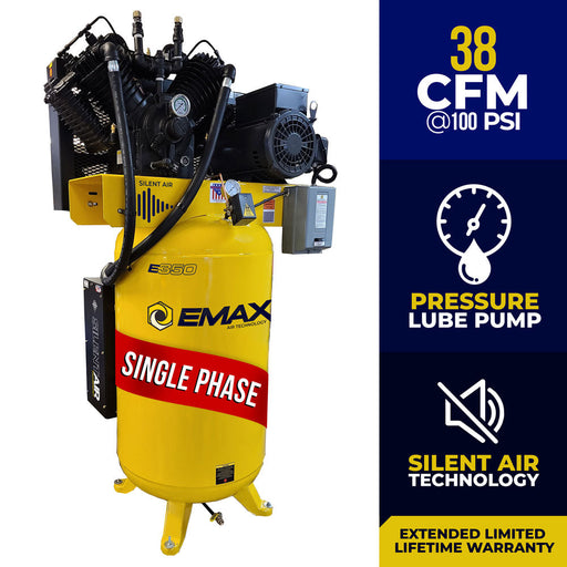 Graphic detailing the EMAX E450 Series 10 HP Air Compressor's specifications, including 38 CFM at 100 PSI and the Silent Air System for reduced noise operation