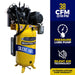 Display showing the specifications and features of the EMAX E450 Series 10 HP Air Compressor, including the pressure lube pump and Silent Air System