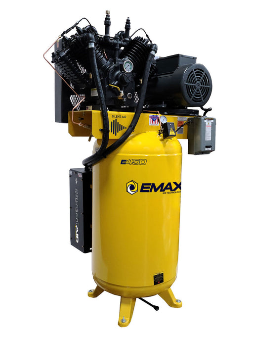 EMAX E450 Series 10 HP Piston Air Compressor with an 80 Gallon tank, 3 Phase power, and Silent Air System, front view
