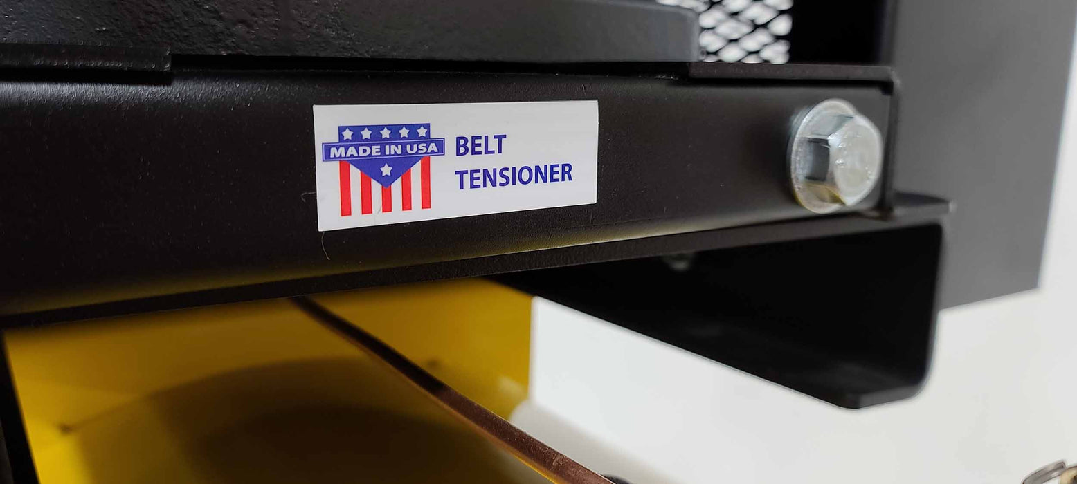 Belt tensioner with a 'Made in USA' label on the EMAX E450 Series 10 HP Air Compressor, signifying quality and reliability