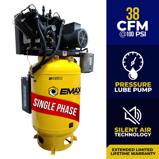 Full view of EMAX E450 Series 10 HP Piston Air Compressor, 120 Gallon, Single Phase, with Silent Air System