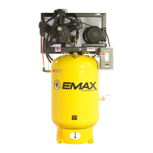 Front view of EMAX E450 Series 10HP 3 Cylinder Piston Air Compressor with 120 Gallon Tank, 3 Phase, 2 Stage, Pressure Lubricated, Silent Air System