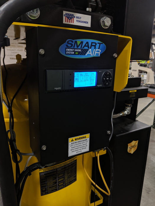 Detailed view of the EMAX E550 Series 10 HP Air Compressor's digital display control panel with indicators and settings visible.