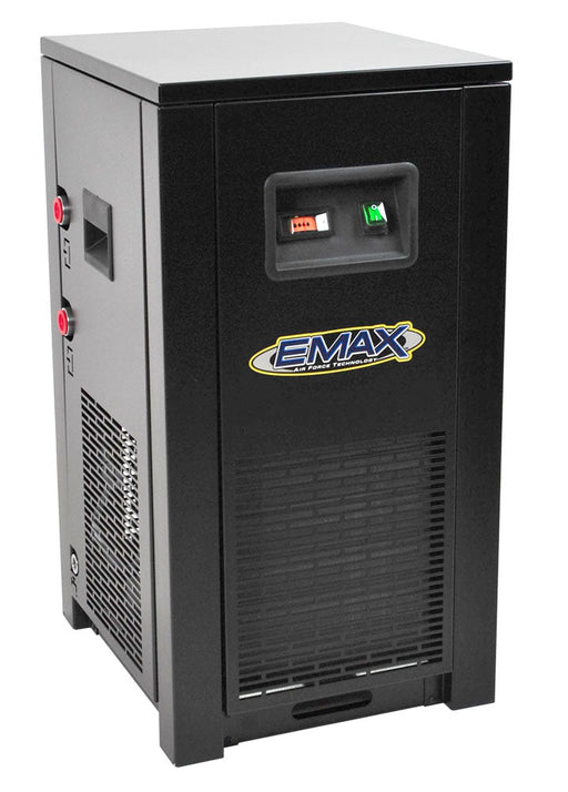 Frontal view of the EMAX 115CFM Single Phase 115V Refrigerated Air Dryer, model EDRCF1150115, featuring control switches and Emax branding.