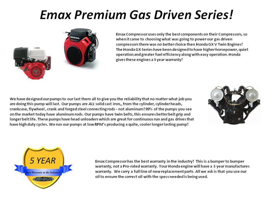 Promotional material for EMAX Premium Gas Driven Series compressors featuring the Honda GX Twin Engines and twin belt design