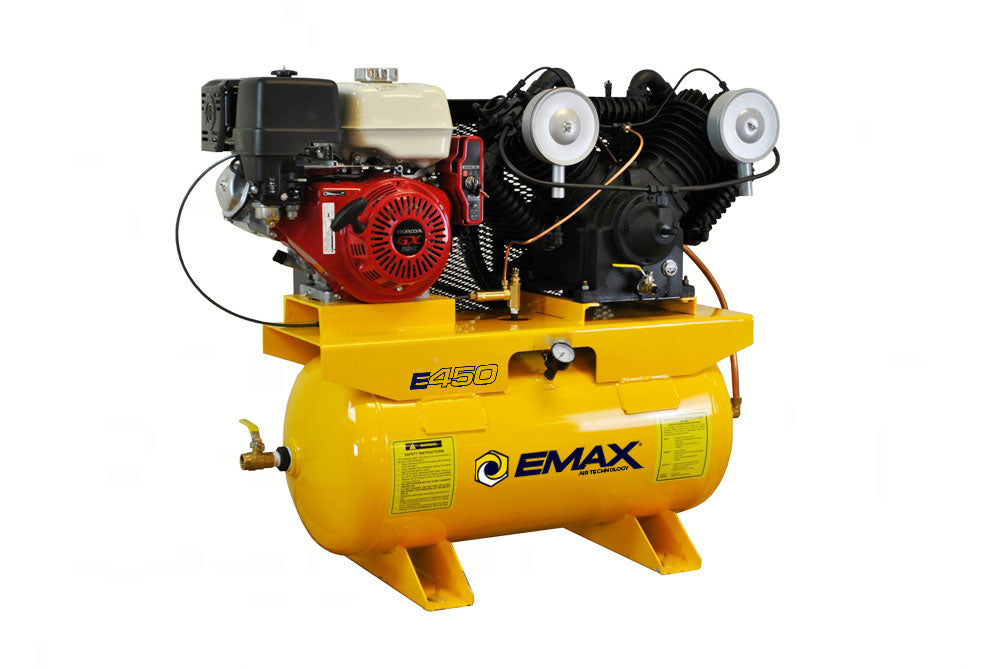 Side view of EMAX E450-GR 14hp gas-driven air compressor with Kohler engine and black metal protective frame