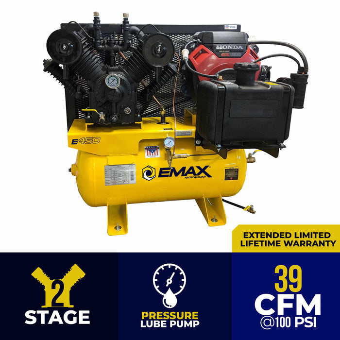 Front view of EMAX E450-G Industrial Plus Gas Air Compressor with 18HP Honda engine, 2-stage pump, and electronic start feature