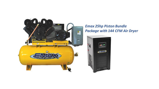 EMAX 25HP 3 Cylinder 3 Phase 120 Gallon Horizontal Piston Air Compressor with 144 CFM Air Dryer Bundle