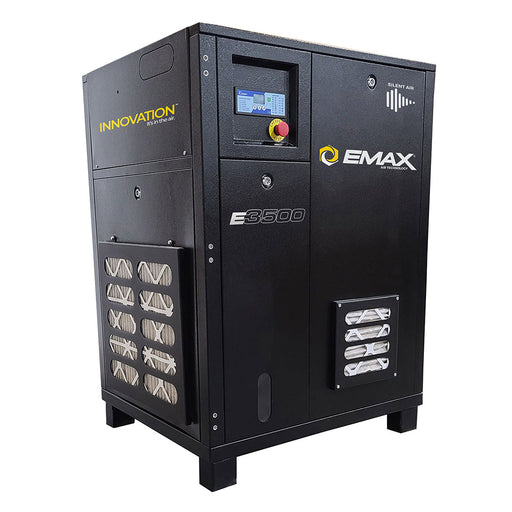 Front view of EMAX E3500-RS Series Industrial Rotary Screw Compressor cabinet with a digital control panel