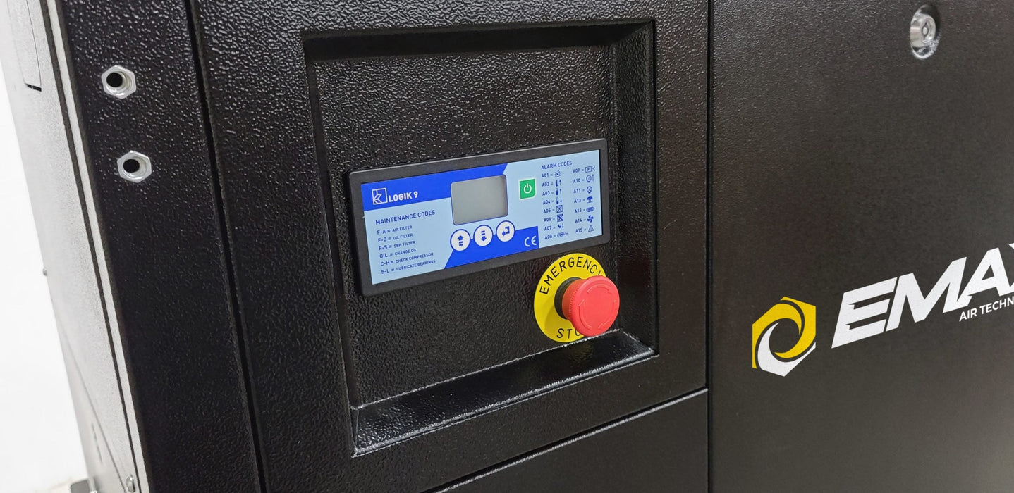 Close-up of the control panel on the EMAX E3500-RS Rotary Screw Compressor, showing the LCD screen and emergency stop button