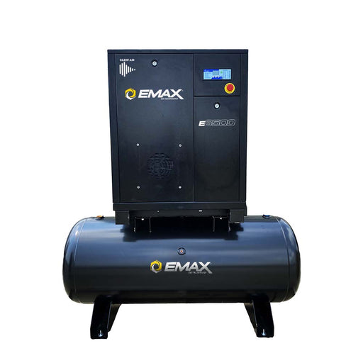 EMAX E3500 Series 15-20HP 3PH Industrial Rotary Screw Compressor mounted on a 120-gallon tank, featuring a black cabinet with a digital display.
