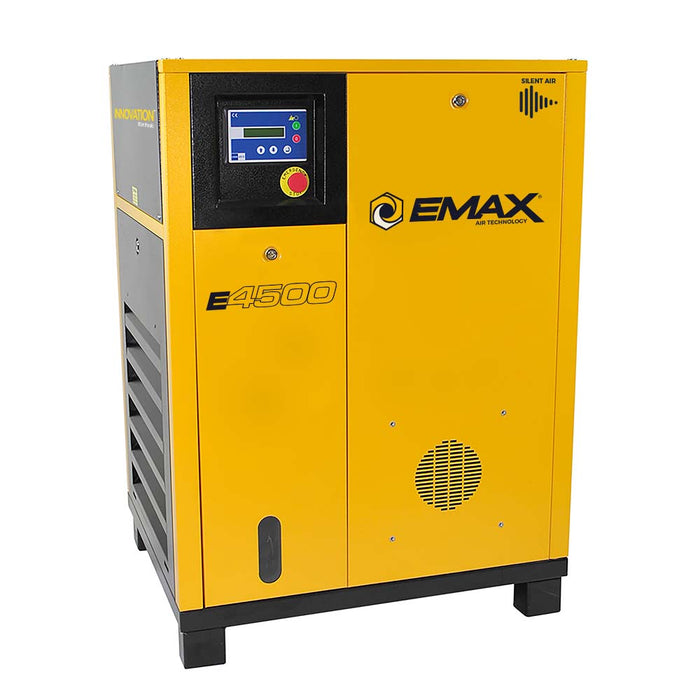 EMAX E4500-RSV Series Industrial Plus Rotary Screw Compressor cabinet in yellow with digital control panel and variable speed direct drive