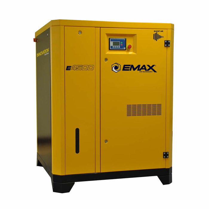 Frontal view of the EMAX E4500-RSV Series Rotary Screw Compressor featuring the control panel and silent air system branding.
