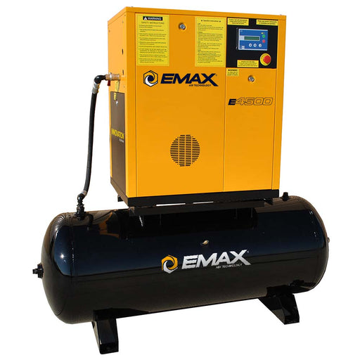 Frontal perspective of the EMAX ERV0151203 Industrial Plus E4500 Series 15HP 3P variable speed rotary screw compressor mounted on a 120G tank, featuring the control panel and EMAX branding, without a dryer.