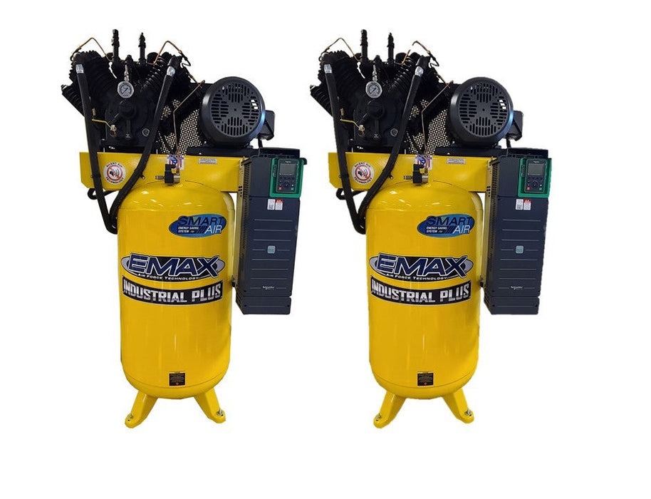 Front view of EMAX E450 Series dual alternating smart air compressors with pressure lube pump and radiator system