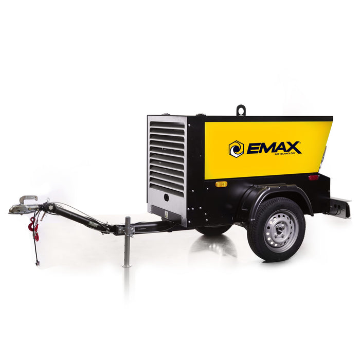 Side view of EMAX towable 24HP electric start trailer mounted Kubota diesel powered 90 CFM rotary screw air compressor, model EDS090TR