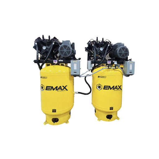 Front view of EMAX E450 Series two vertical solo mounted alternating smart air compressors, 7-15HP with 80-120 gallon capacity in 1-3 phase
