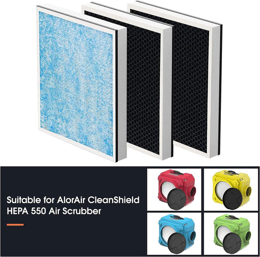AlorAir CleanShield HEPA 550 Air Scrubber replacement filter set, including one HEPA filter and two activated carbon filters, shown with compatible air scrubber units in red, yellow, blue, and green.