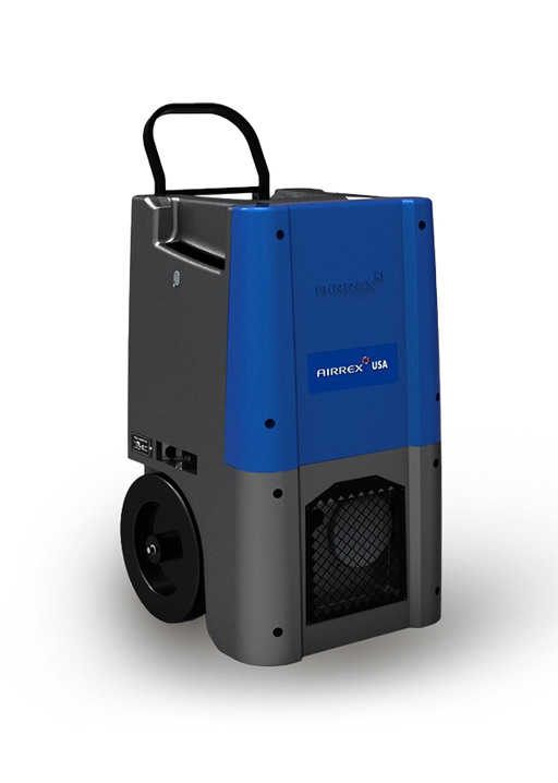 A blue and gray Airrex dehumidifier ADH-8000 with a handle and wheels for portability, shown against a white background.