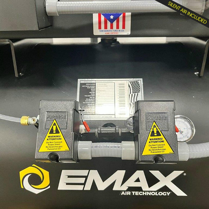 EMAX duplex air compressor showing automatic tank drain pressure controls and safety components