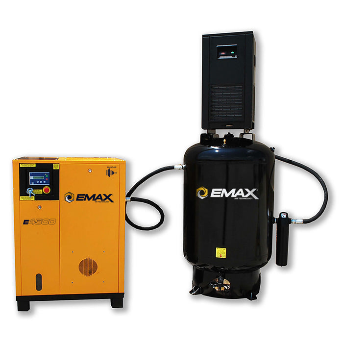EMAX E4500 RSP Series rotary screw air compressor with variable speed motor air dryer and vertical tank
