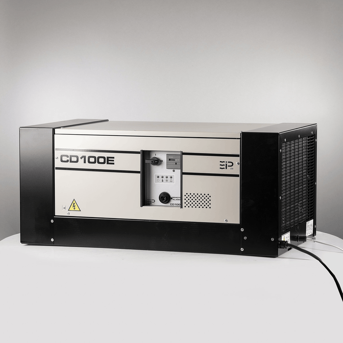 Front view of EBac CD100E heavy-duty dehumidifier showing steel housing and integrated control panel
