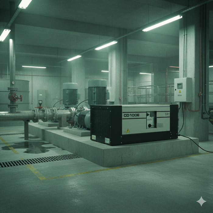 EBac CD100E heavy-duty industrial dehumidifier installed in a mechanical room with pumps and piping