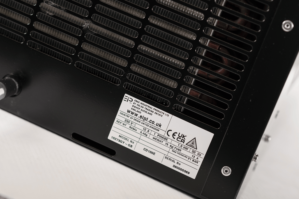 Product rating label on EBac CD100E industrial dehumidifier displaying model number and electrical data