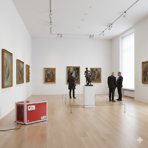 EBac CD85 commercial dehumidifier placed in an art gallery setting for humidity control and artwork preservation