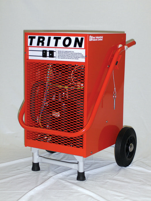 Front view of Ebac Triton industrial dehumidifier with red steel cabinet, control panel, and protective grille.