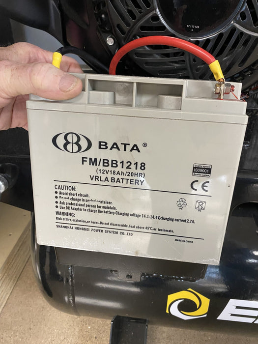 Electric start battery installed on EMAX Kohler Command Pro 14 HP gas truck mount air compressor