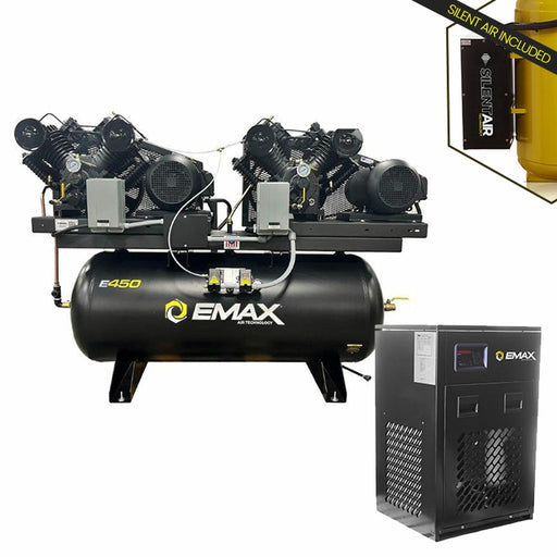 EMAX duplex horizontal air compressor with 120 gallon tank and refrigerated air dryer package