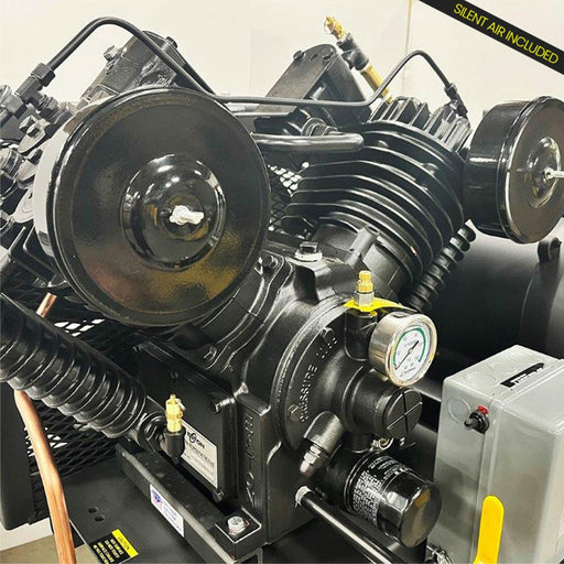 Close up of EMAX duplex pressure lubricated piston pump with belt drive and silent air design