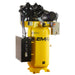 Angled front view of EMAX E250S industrial piston air compressor with Silent Air enclosure and vertical tank