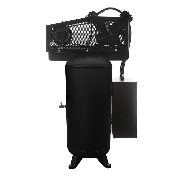 Side view of EMAX E250S industrial piston air compressor with belt guard and vertical air tank