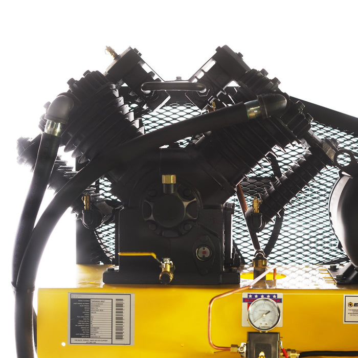 Close-up of EMAX E250S silent air industrial piston air compressor pump motor and belt guard assembly