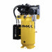 Front view of EMAX E350S Silent Air industrial piston air compressor with vertical tank and pressure-lubricated pump