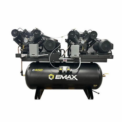 Front view of EMAX E450-D alternating horizontal duplex pressure-lubricated piston air compressor with large horizontal tank