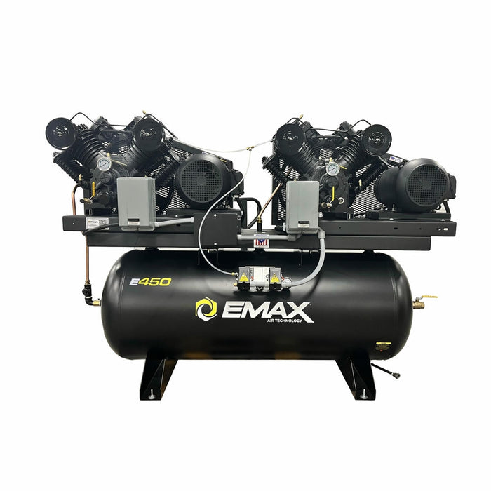Front view of EMAX E450-D alternating horizontal duplex pressure-lubricated piston air compressor with large horizontal tank