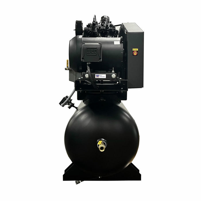 End view of EMAX E450-D alternating duplex piston air compressor showing motor housing and horizontal tank connection