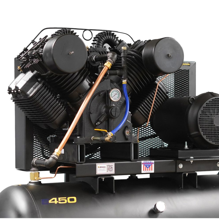 EMAX E450 industrial pressure lubricated piston air compressor with horizontal 120 gallon tank and belt driven electric motor setup