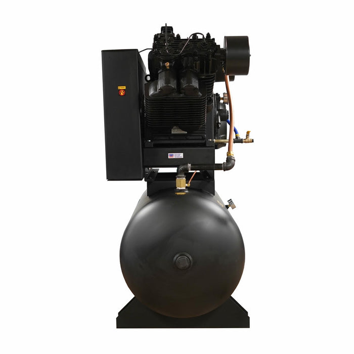 Side profile of EMAX E450 Series piston air compressor highlighting motor, pump assembly, and industrial frame