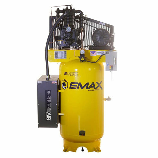 Front view of EMAX E450-S silent air pressure-lubricated vertical piston air compressor with yellow tank and sound enclosure