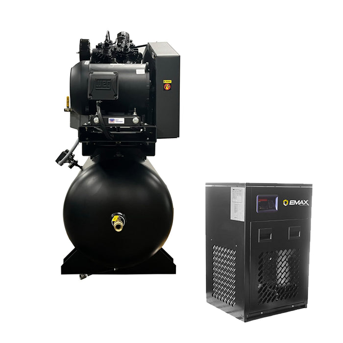 Full system view of EMAX E450 SD silent air duplex compressor paired with refrigerated air dryer